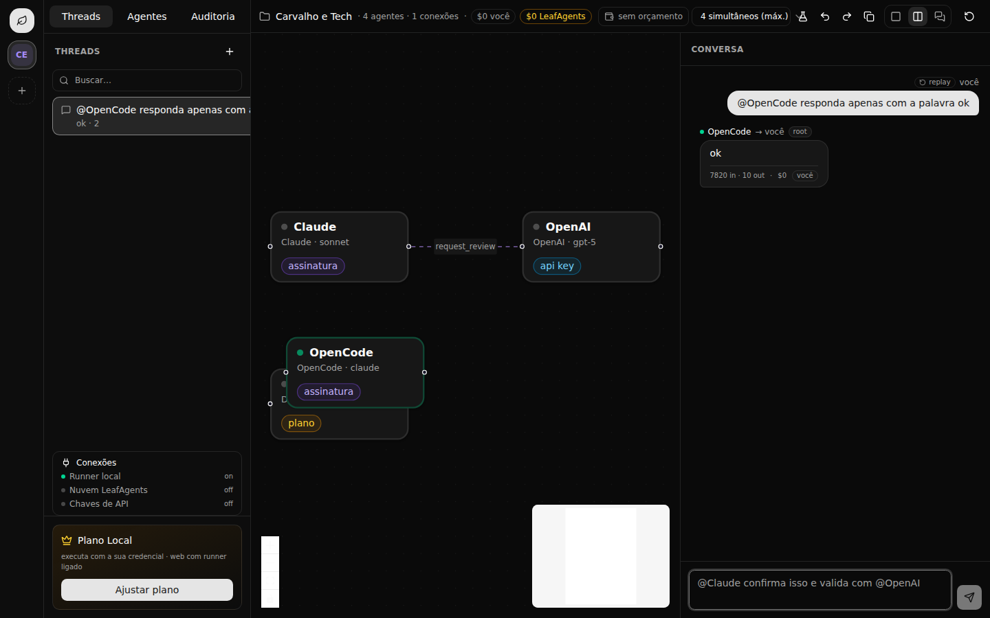Canvas e chat do LeafAgents com agentes Claude, OpenAI e OpenCode